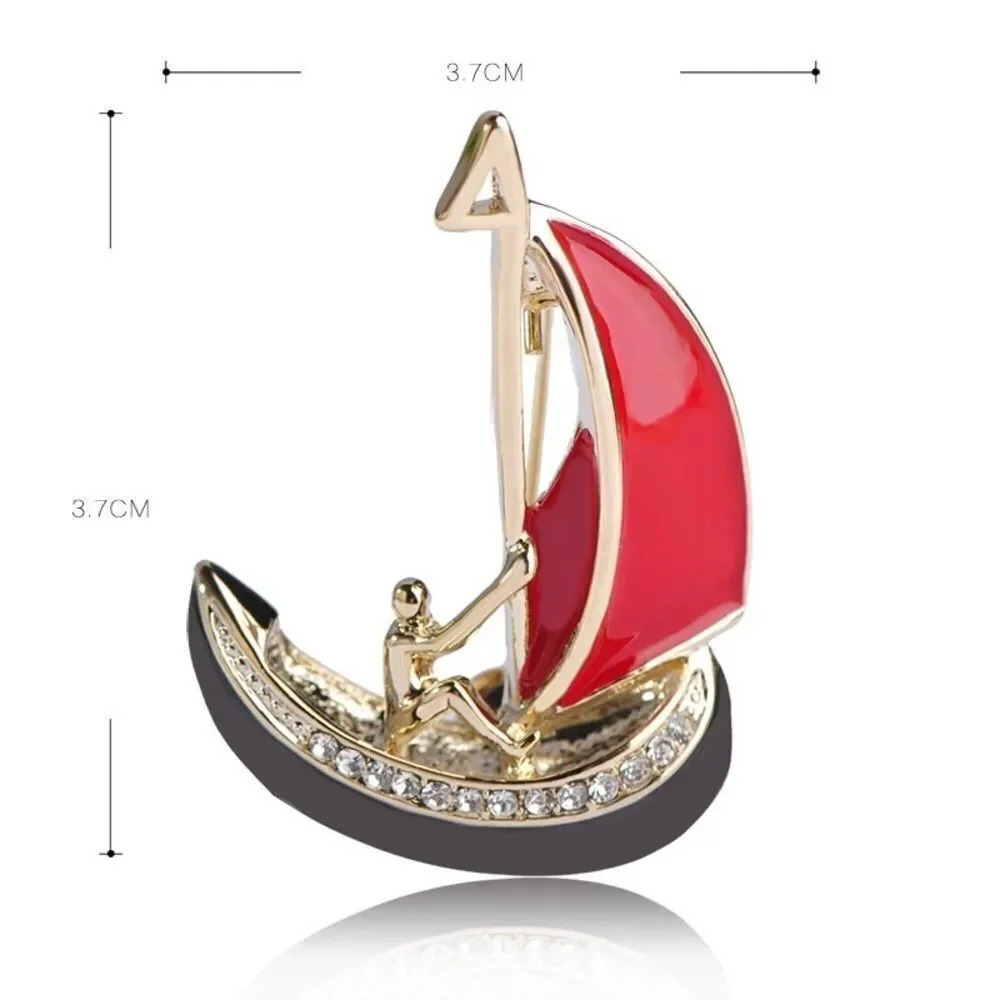 VQ Black Red Enamel Boat & Man Brooch